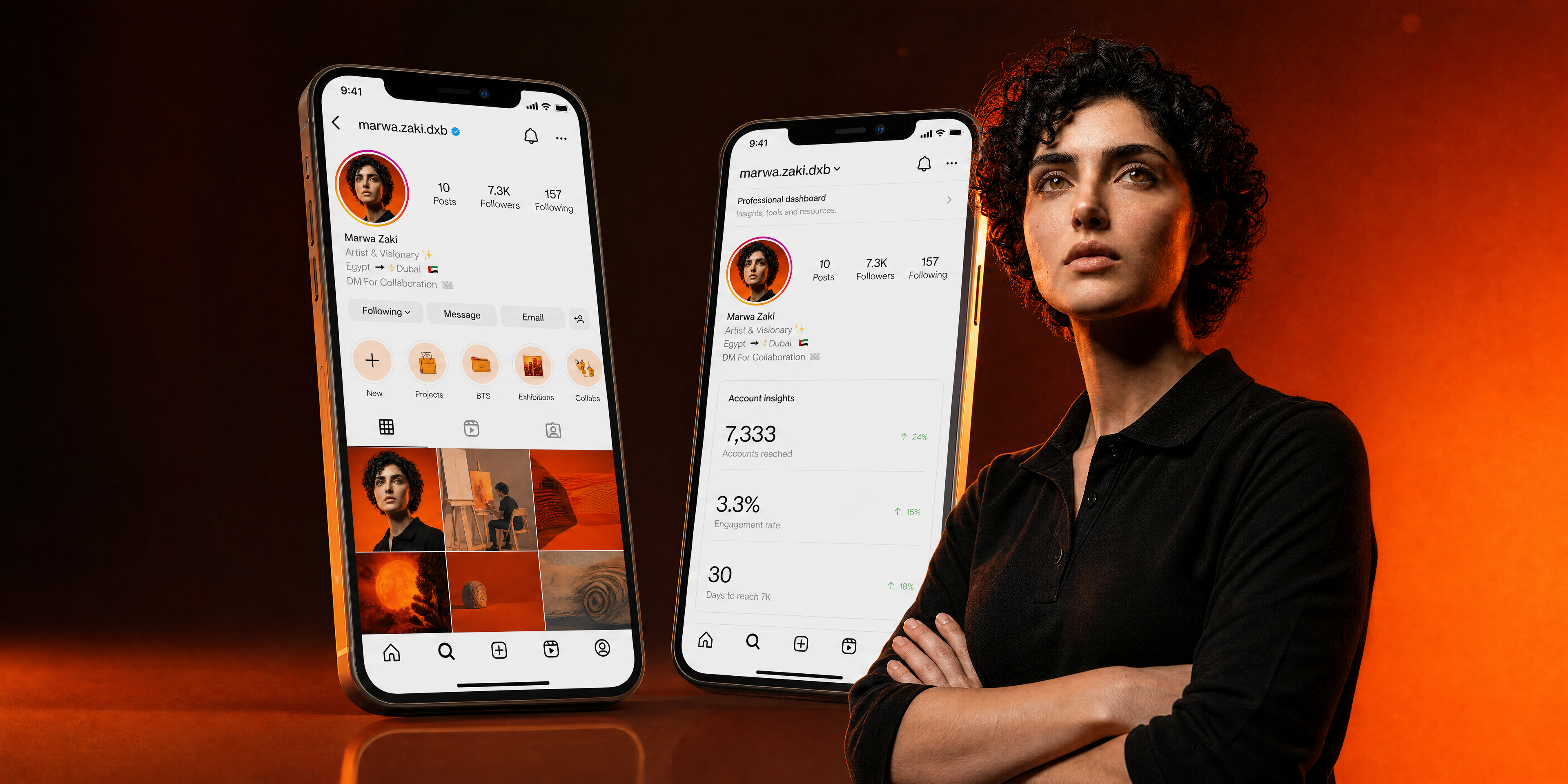 Marwa Zaki AI persona with Instagram profile screens and orange portrait lighting